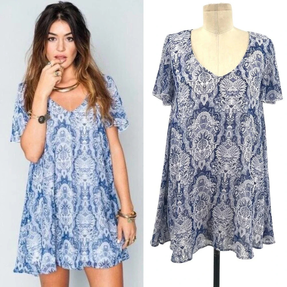 Show Me Your Mumu Kylie Babydoll Mini Dress Teacup Blue White Size Small